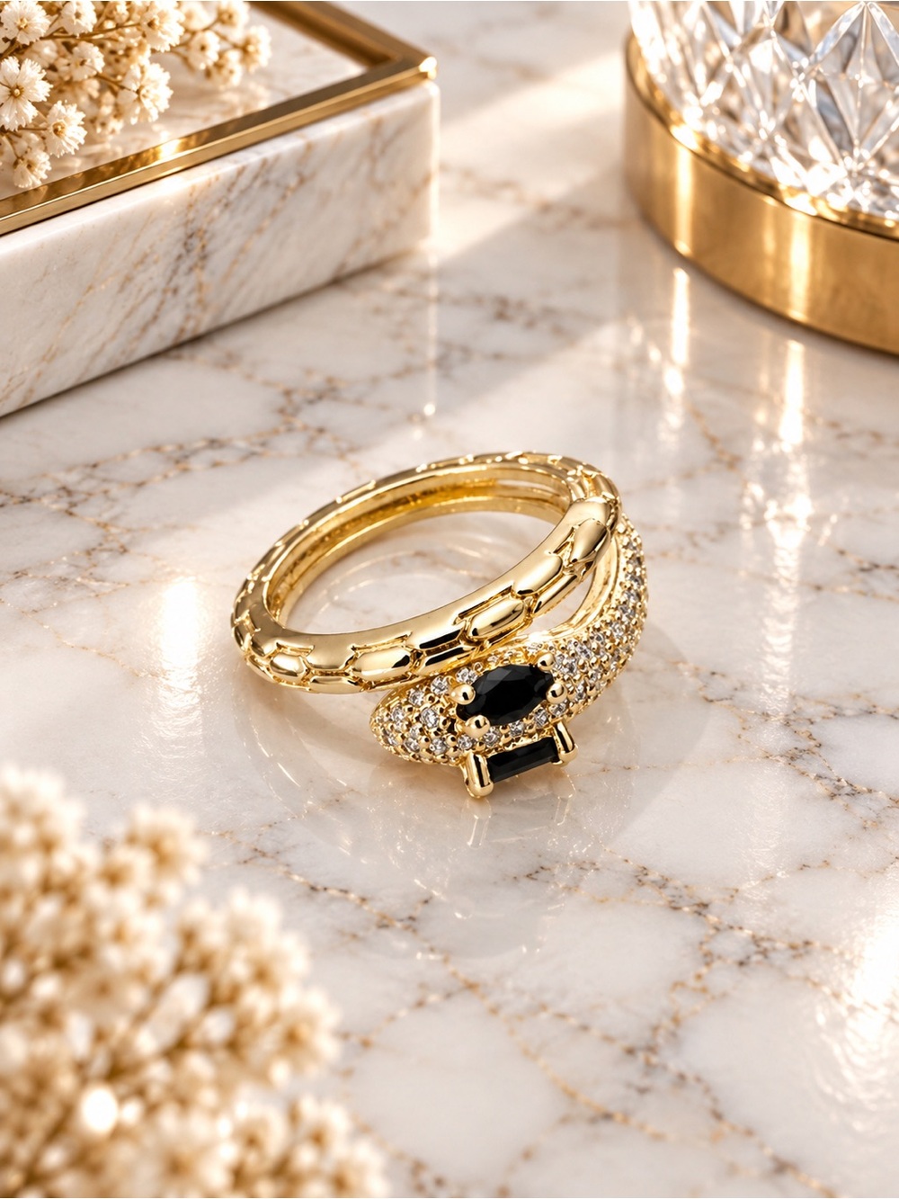 Gold Filled Snake-Style Adjustable Ring with Black Stone – Women Jewelry